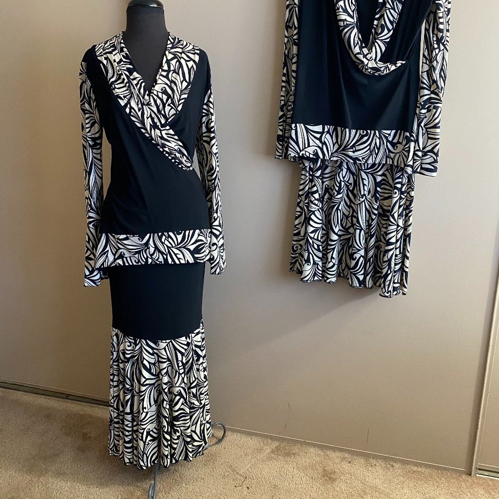 Black and White Patterned Maxi Dress with Long Sleeves